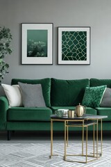 An interior design with framed posters and a sofa that is minimalist