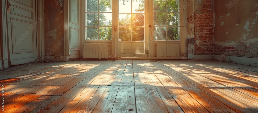 Poster sunlight streaming through windows in an empty room