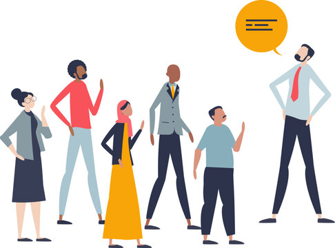 Confident leader stands before diverse team, symbolizing guidance and authority.