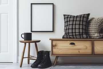 The modern scandinavian living room interior features a black mock-up poster frame, a design commode, a leaf in a vase, a black rattan basket, books and elegant accessories. Template. Traditional