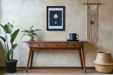 Stylish Scandinavian interior design of living room with wooden commode, design pouf, rattan basket filled with plants and elegant accessories. Mock up poster paintings.