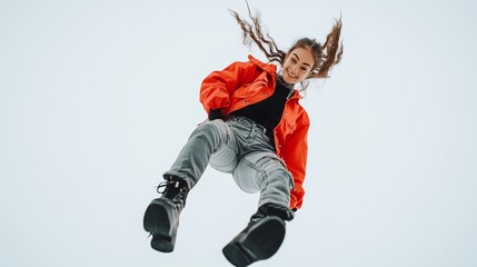 Young woman in bright orange jacket jumping with enthusiasm during winter in a snowy outdoor setting