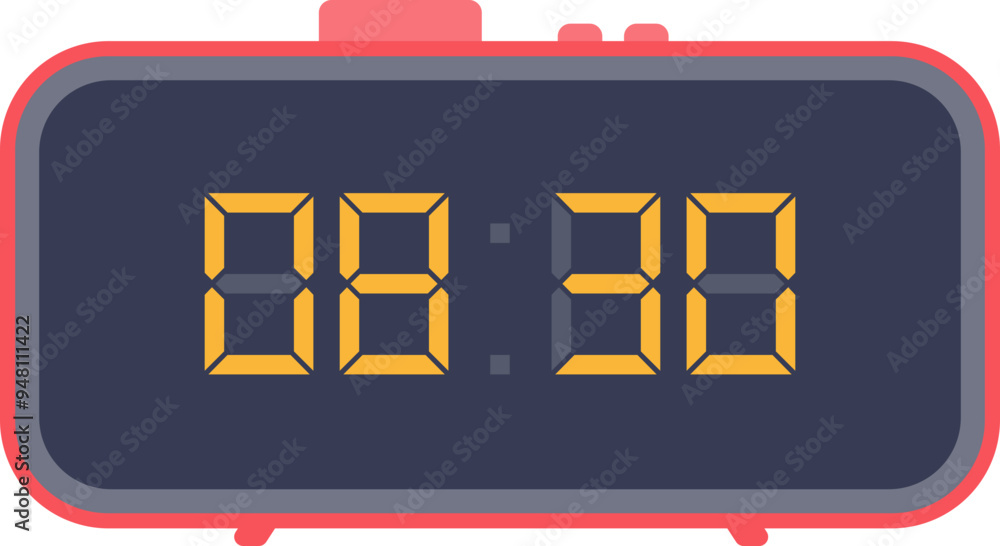Poster red digital clock displaying 08:30 with yellow led numbers, symbolizing punctuality and time managem