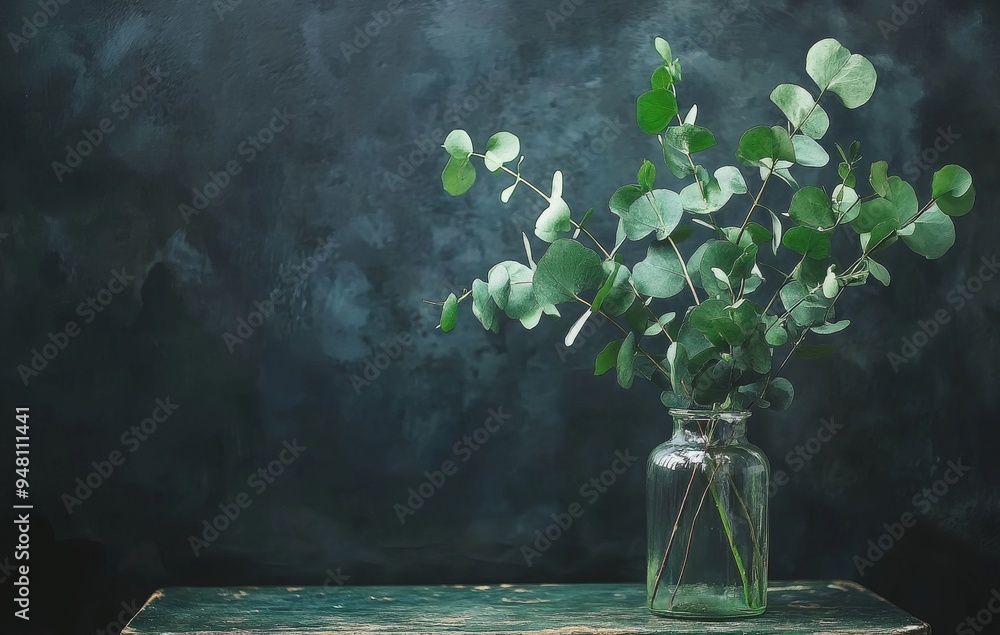 Poster the image is a concept image of a green tree branch placed in a black glass vase on a natural stone 