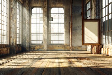 This is an empty room apartment interior background with brick walls, wooden floors, windows, and city background. Abstract open space loft design. Modern 3D interior design renovation concept