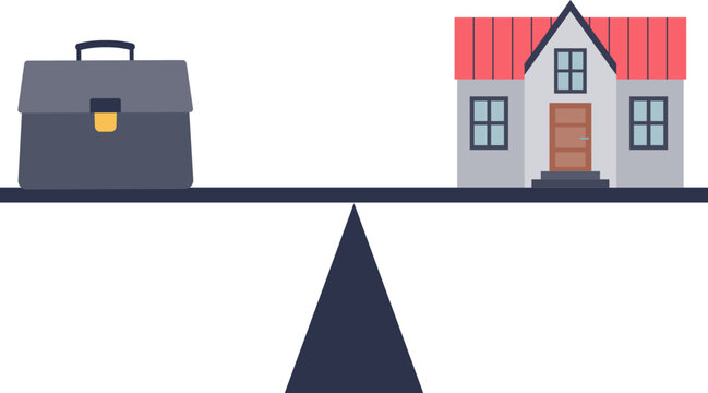 A briefcase and a house balanced on a scale, symbolizing work-life balance.