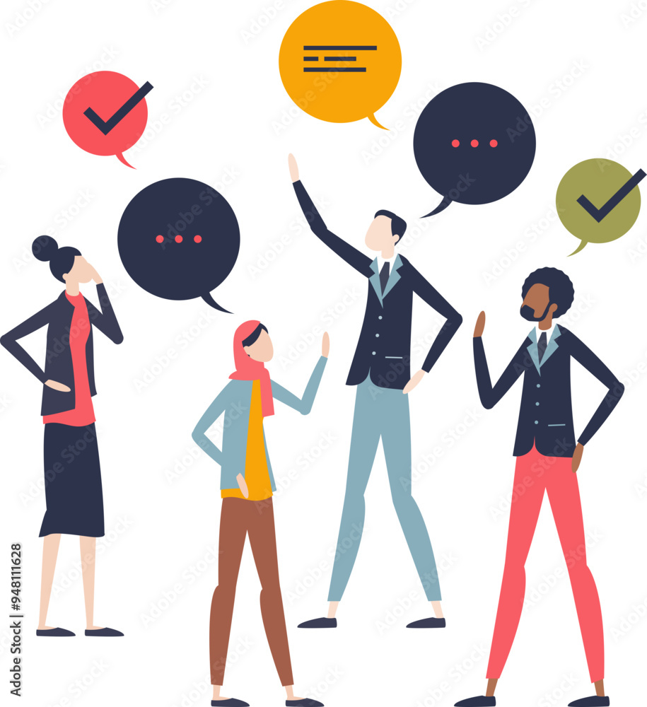 Poster group of diverse figures with colorful thought bubbles, symbolizing brainstorming and idea exchange.