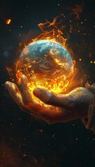Fototapeta premium A human hand cradles a glowing, fiery globe representing Earth amidst swirling flames and embers, symbolizing environmental urgency