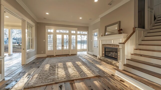 A large, open living room with a fireplace and a staircase
