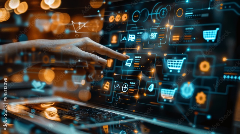 Poster a person interacting with a digital interface displaying various technology and shopping icons in a 