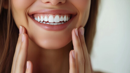 Obraz premium A woman with a beaming smile and flawless teeth, her fingers framing her face, standing against a clean, minimalist backdrop. Ai generated