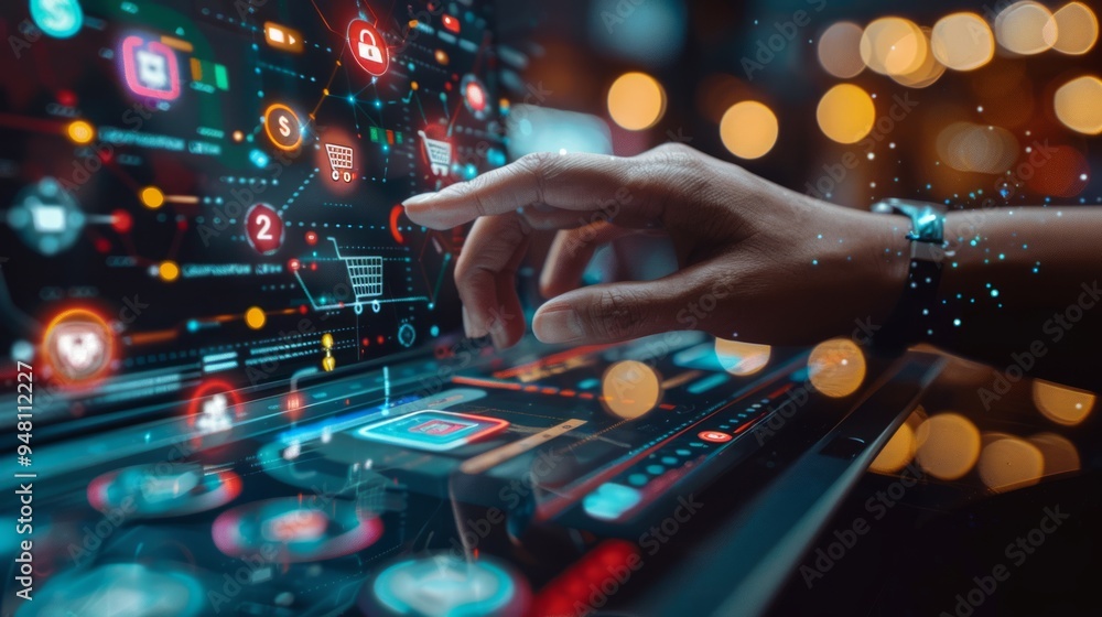Poster a person interacting with a digital interface filled with various apps and icons in a modern workspa