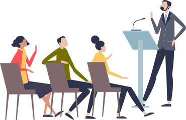 Speaker at podium addressing audience in seminar setting, symbolizing leadership and knowledge sharing.