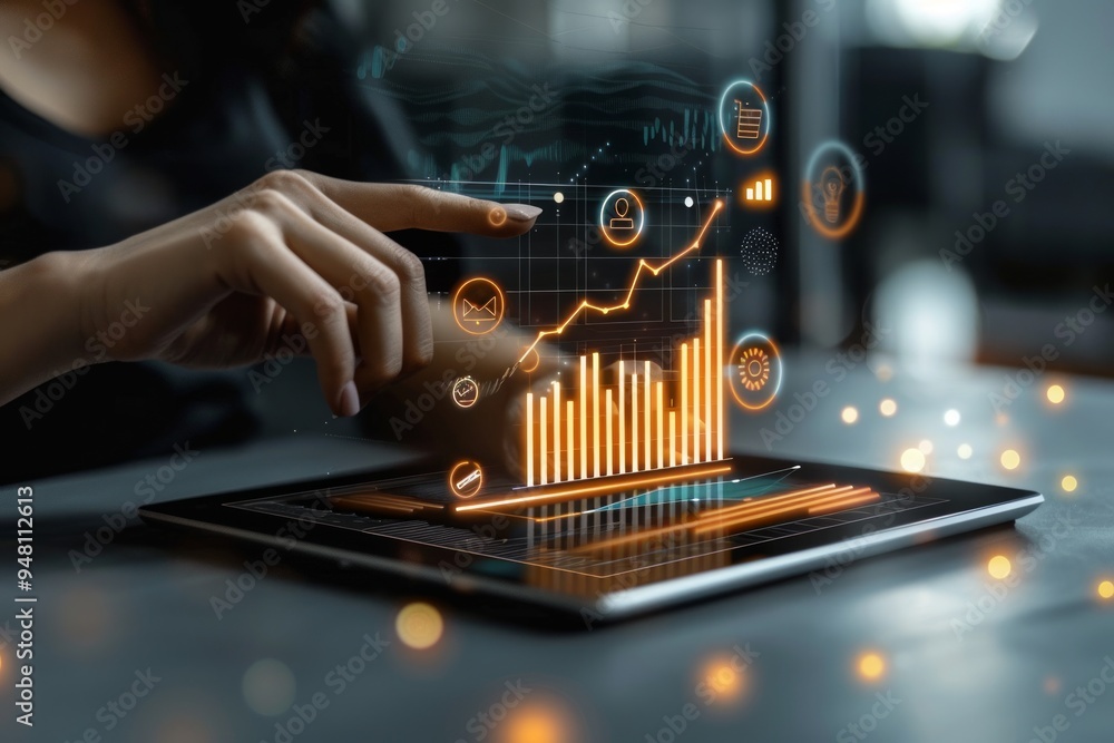 Poster a person analyzing data trends on a tablet using digital graphs and analytics in a modern office env