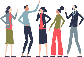 Fototapeta premium Illustration of diverse figures in a huddle, symbolizing collaboration and teamwork.