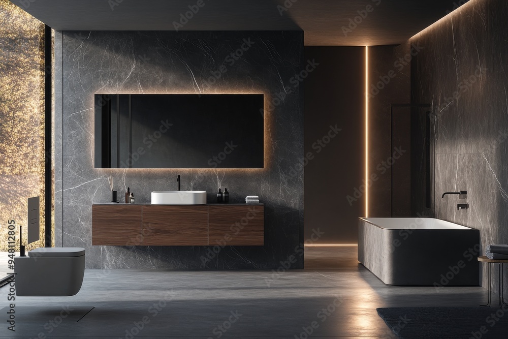 Wall mural the modern minimalist bathroom has dark stone tiles and furniture made of wood