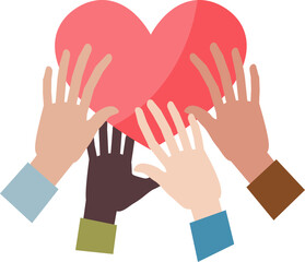 Illustration of a red heart held by diverse hands, symbolizing unity and love across different cultures.
