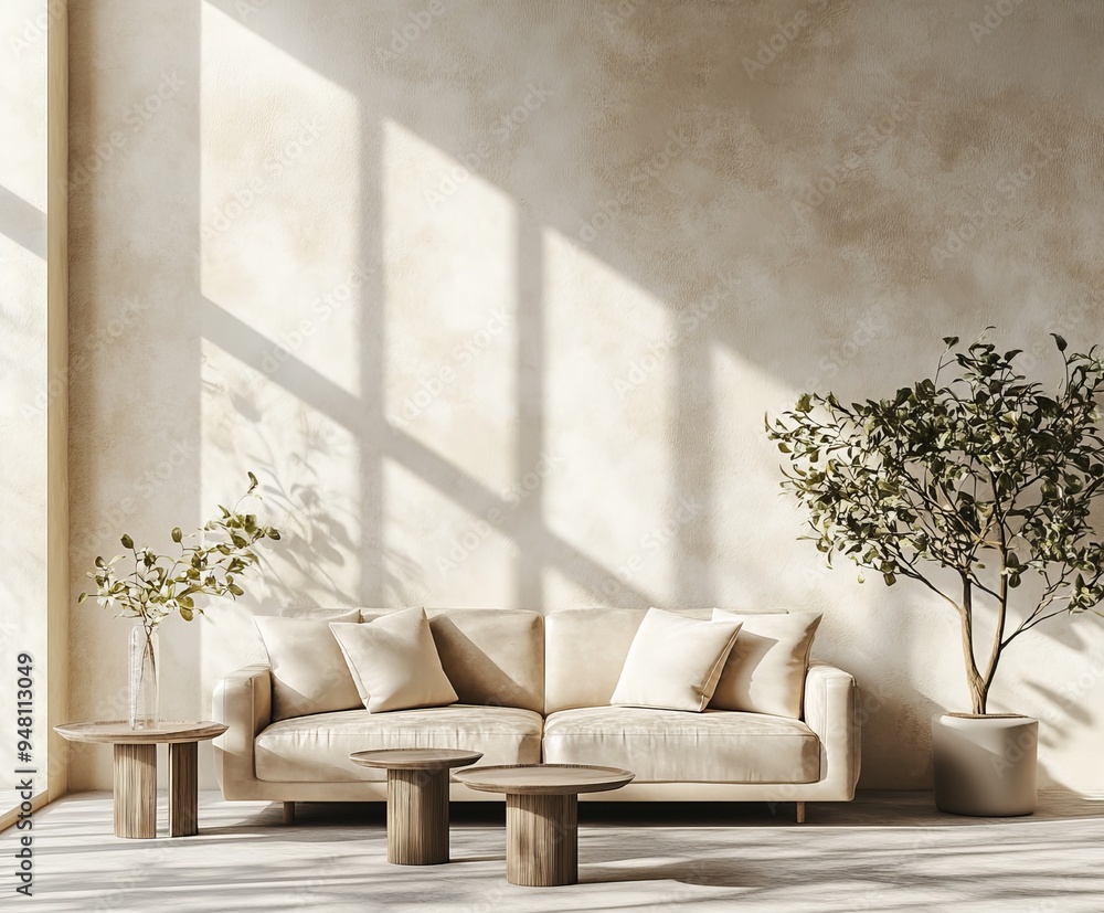 Poster An interior design background depicting a minimalist boho home in a beige color with sofas and coffee tables