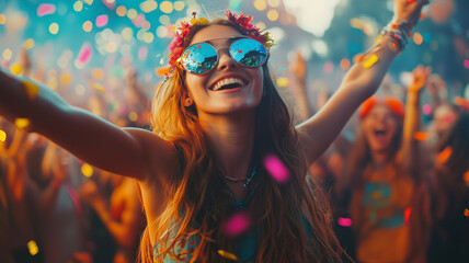 Obraz premium A young woman dancing exuberantly in the crowd at an outdoor music festival, with the stage in the background and a sky full of lights, capturing the essence of live music and freedom. Ai generated