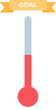 Illustration of a fundraising thermometer with red level rising towards a 'GOAL' banner.