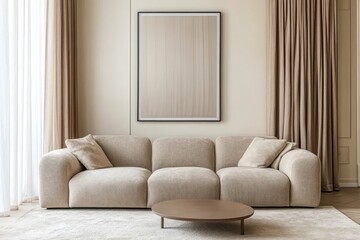 White empty poster and sofa in a bright living room