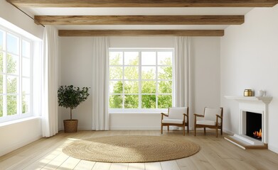 Stunning 3D rendering of a modern living room interior with white walls and a fireplace.