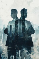 Two business professionals standing confidently amid a city skyline representing ambition and collaboration for future success