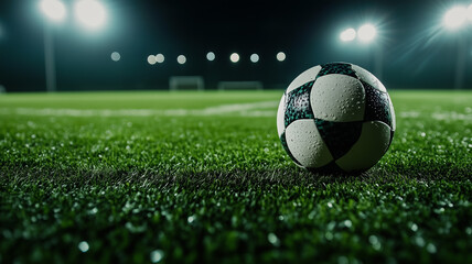 Close-up shot of a soccer ball on a well-manicured playing field, illuminated by bright spotlights. The focus is on the ball's texture and details against the lush green turf. Ai generated