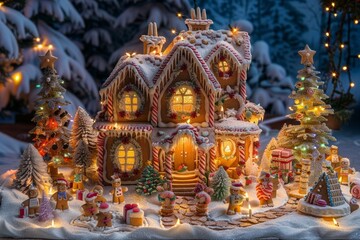 A whimsical gingerbread house decorated with colorful candy in a snowy winter landscape at night, surrounded by festive trees and lights