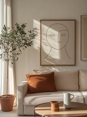 Mock up of a Japandi style interior living room, showcasing simplicity, natural elements, and minimalism.