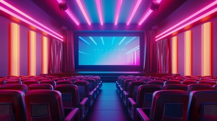 Fototapeta premium Neon-Lit Modern Movie Theater Interior with Empty Seats, Futuristic Cinema Ambiance and Pink Blue Lighting. Generative AI