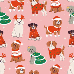 Seamless pattern with cute fashionable dogs in Christmas outfits. Vector graphics.