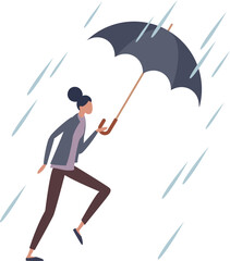 Person briskly walking with an open umbrella in the rain, symbolizing preparedness and protection.