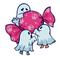 Illustration of three little ghosts carrying big candies on Halloween