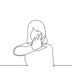 woman put her hand in front of herself at the camera - one line art vector. concept gesture stop