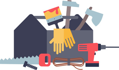 Cartoon toolbox with tools like hammer, saw, drill, and gloves, symbolizing DIY and home improvement.
