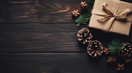 A Festive Delight: Captivating Top View of Christmas Gift Adorned with Pine Cones and Cinnamon Stick