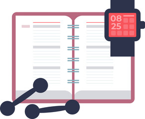 Open fitness journal with a smartwatch and dumbbells, symbolizing workout tracking and planning.
