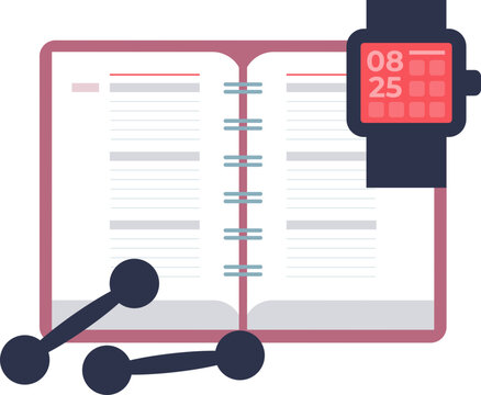 Open fitness journal with a smartwatch and dumbbells, symbolizing workout tracking and planning.