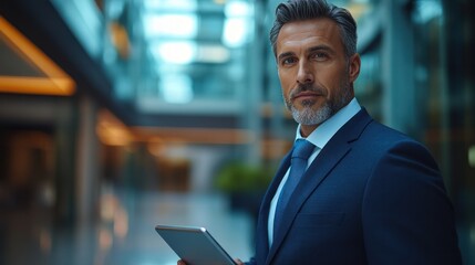 Fototapeta premium A businessman confidently holding a tablet, ready to present his ideas in a corporate meeting.