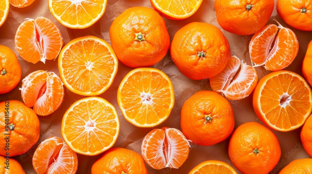 Poster A background filled with whole tangerines and tangerine slices arranged neatly, showcasing their bright orange hues.