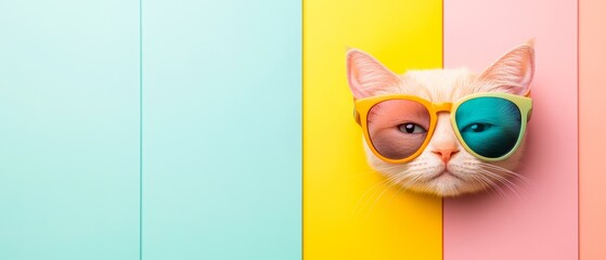 Fototapeta premium Cat wearing sunglasses against a colorful striped background, suitable for playful and creative marketing campaigns, social media content, and pet-related promotions,