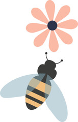 A stylized bee approaches a large pink flower, symbolizing pollination.