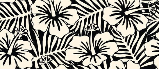 Aloha hibiscus flower and palm leaf Hawaiian tropical seamless pattern. © andin