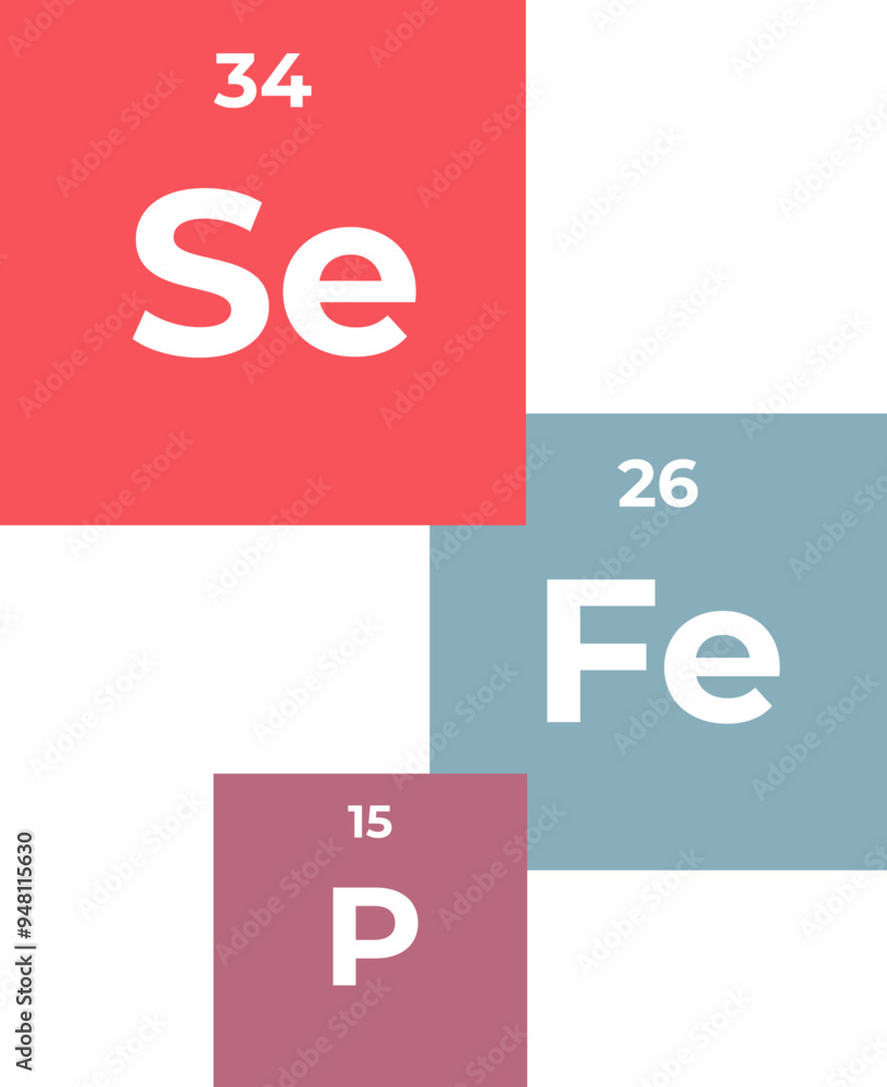 Poster colorful blocks with element symbols se, fe, p representing selenium, iron, and phosphorus.