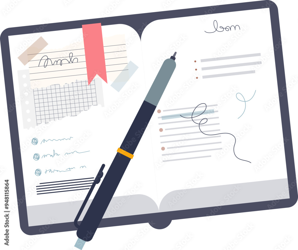Poster digital notepad with pen, drafts, and sticky note, symbolizing organization and planning.