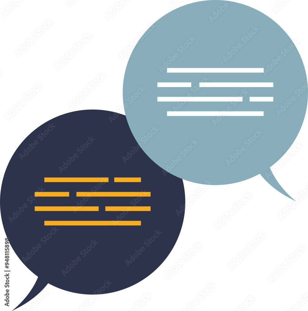 Poster two overlapping speech bubbles with text lines, symbolizing communication or dialogue.