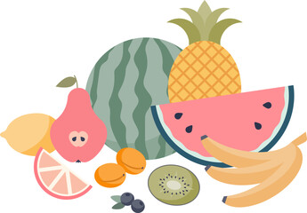 Colorful illustration of a variety of fruits including watermelon, pineapple, and kiwi, symbolizing health and freshness.