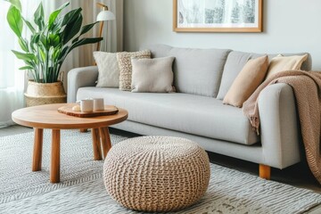 A Scandinavian living room interior with a minimalist Japanese style. Stock photo.