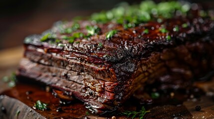 A beef brisket cooked to perfection, with a crispy exterior and juicy interior, garnished with fresh herbs.